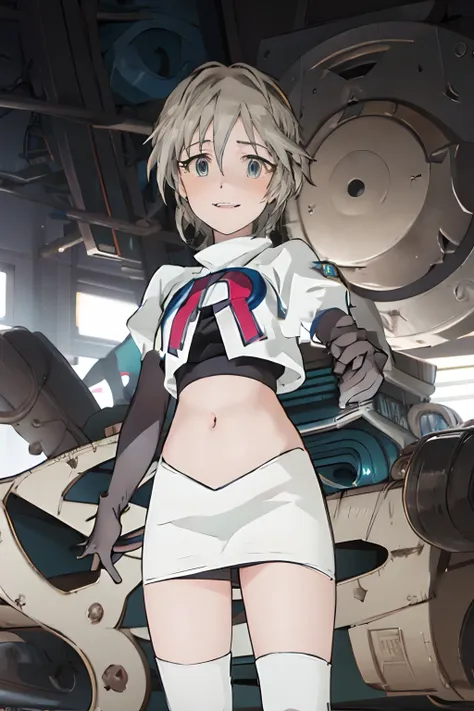 the face of Anastasia (iDOLM@STER Cinderella Girls),1girl,team rocket,team rocket uniform, red letter R, white skirt,white crop top,black thigh-highs,black elbow gloves, evil smile