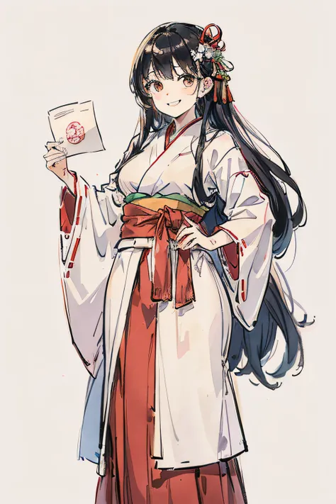 Girl in her 20s、long red skirt、Holding out a piece of paper、Fluffy smile、thick long hair、White kimono、simple background