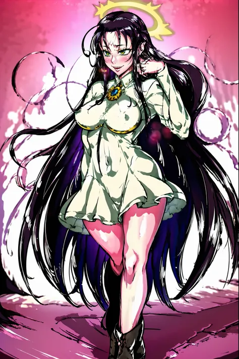 Rip Van Winkle, Hellsing Ultimate,full body, walking, divine aura, sun halo, solar halo, long skirt, porcelain skin, ethereal, graceful movement, flowing black hair, radiant beauty, enchanting gaze, serene expression, soft sunlight, angelic presence, celes...