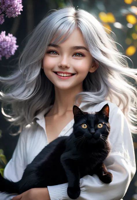 Beautiful 8K Ultra HD professional photos, Sharp focus, In a stunning fantasy world, Cute silver-haired girl and mysterious 1 giant black cat, A joyful smile, In bright natural light