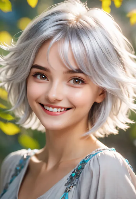 Beautiful 8K Ultra HD professional photos, Sharp focus, In a stunning fantasy world, Cute silver-haired girl, A joyful smile, In bright natural light