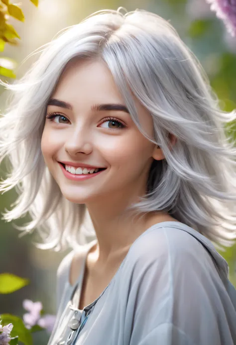 Beautiful 8K Ultra HD professional photos, Sharp focus, In a stunning fantasy world, Cute silver-haired girl, A joyful smile, In bright natural light