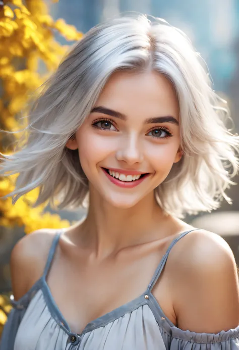 Beautiful 8K Ultra HD professional photos, Sharp focus, In a stunning fantasy world, Cute silver-haired girl, A joyful smile, In bright natural light