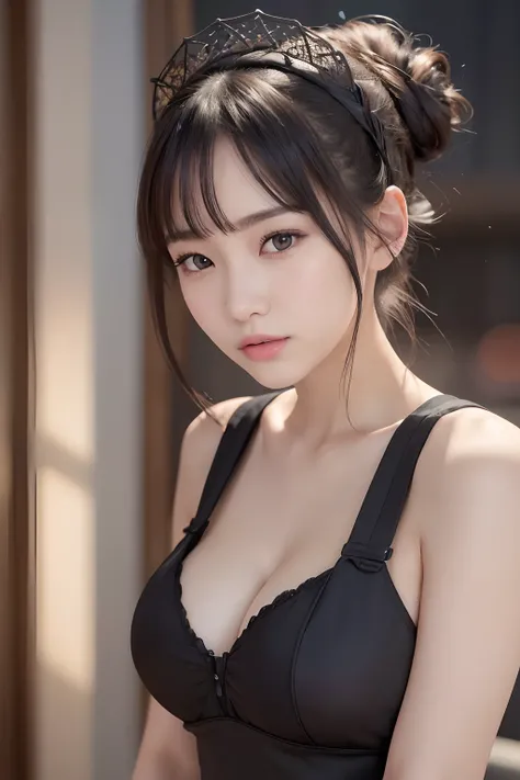 Innocent 20 year old girl、((Maids, A dark-haired, pinafore, Maid headdress, Single hair bun, Hair buns, maid apronl, Dramatic poses)),Smile,night city background,short-cut、Raw photo, (8K、top-quality、​masterpiece:1.2)、(intricate detailes:1.4)、(Photorealsiti...