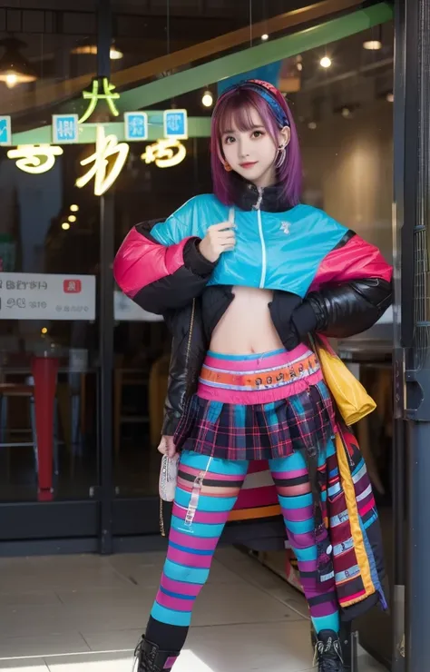 infp young woman、good style、colorful hair、colorful fashion、idol face、large full breasts、jaket、shiny mini skirt、colorful tights、