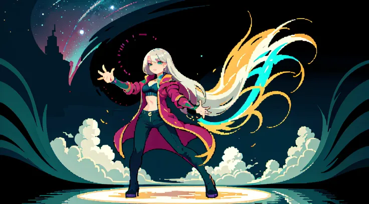 (masterpiece, top quality, best quality, less detail, 8-bit color), pixel,pixel art, 1girl,full body,attack pose, US style, poor jacket, game asset, silver hair, vampire element, bra on top, short pant,(solo) inconceivable and spectacular an emergency scen...