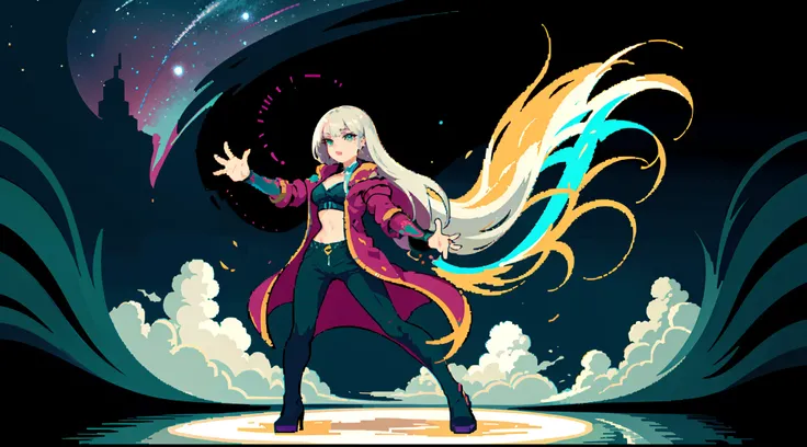 (masterpiece, top quality, best quality, less detail, 8-bit color), pixel,pixel art, 1girl,full body,attack pose, US style, poor jacket, game asset, silver hair, vampire element, bra on top, short pant,(solo) inconceivable and spectacular an emergency scen...