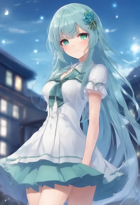 hi-school girl、校服、animesque、Standing Picture、Configuration Materials、lightblue hair、Long、green colored eyes