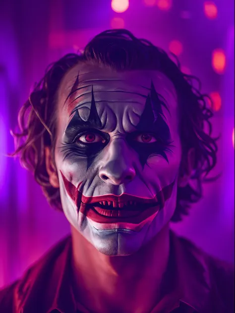 man with joker makeup at haunted house, thunder lighting collapse, realistic, horror portrait, 24k uhd resolution, background bl...