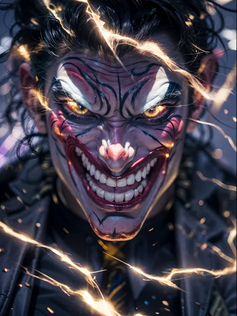 man with joker makeup, thunder lighting collapse, realistic, 24k uhd resolution, background blurred bokeh, purple and red light ...