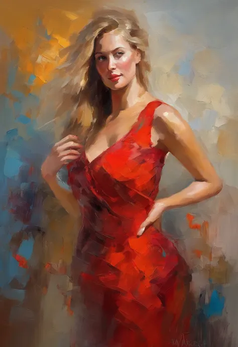 Female portrait, very beautiful woman, long blond hair, smiling eyes looking at camera, smiling mouth, revealing red dress, acrylic painting, bold and expressive brushwork, impressionistic style, epic surreal background, very heavy brushstrokes with thick ...