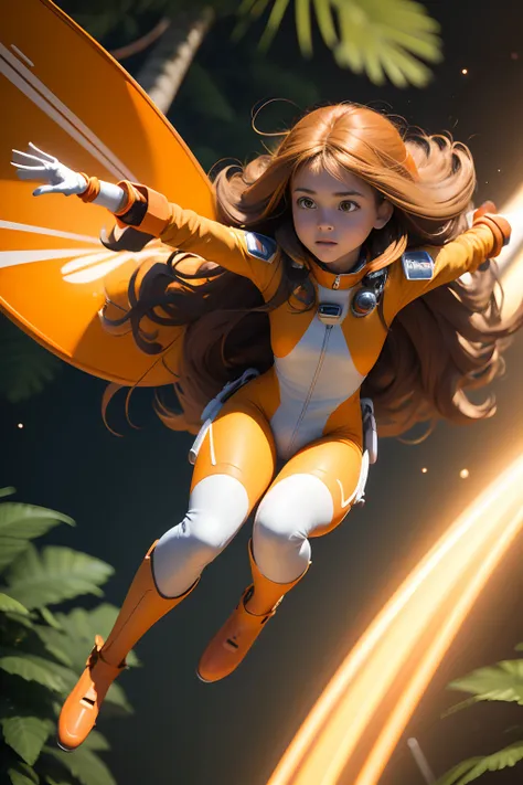 a closeup of a. 3D cartoon about a girl, Long brown hair, dressed in an orange and white spacesuit, Flying on a yellow futuristic low-flying vehicle over the grass in the jungle on an alien planet. a lot of details. Lots of insects. Blurred background in m...