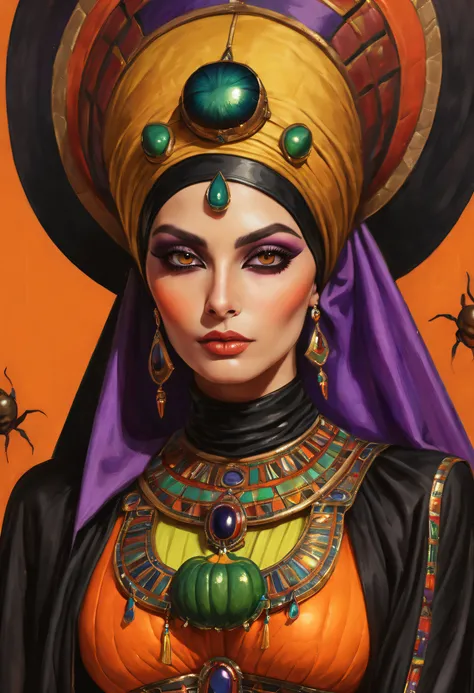 A colorful painting (Woman in Halloween mom costume:1.3), Extreme close-up, Halloween-themed aesthetics, Antiseptic linen, hijabi sluty, Egyptian scarab brooch, Ancient Egypt, Nikolai Samoris style