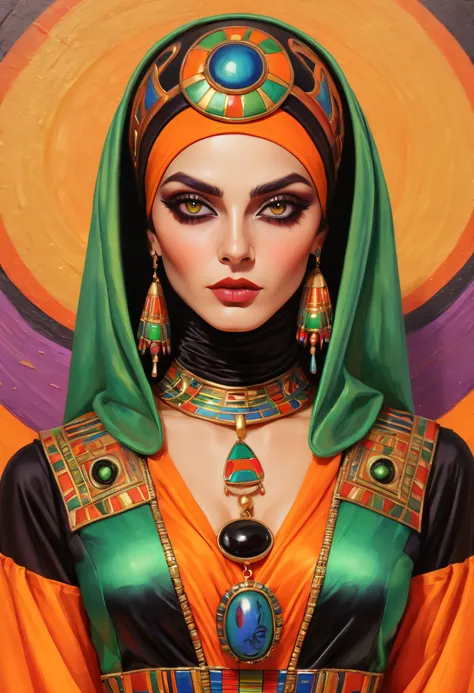 A colorful painting (Woman in Halloween mom costume:1.3), Extreme close-up, Halloween-themed aesthetics, Antiseptic linen, hijabi sluty, Egyptian scarab brooch, Ancient Egypt, Nikolai Samoris style