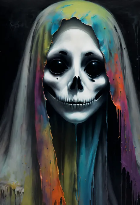 a colorful painting of a ghost, extreme close-up, halloween theme aesthetics, in the style of nicola samori