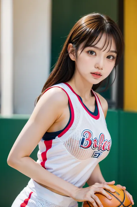 Solo shot of Morning Musume Eri Kamei dressed as a basketball player, Cute, Realistic realism, Ulutra HD, crisp detail, Vivid colors, Dynamic Range, Soft bokeh in the background that emphasizes her presence on the court, Fine texture of basketball and her ...