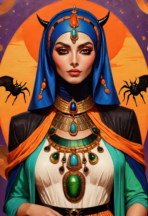 A colorful painting (Woman in Halloween mom costume:1.3), Extreme close-up, Halloween-themed aesthetics, Antiseptic linen, hijabi sluty, Egyptian scarab brooch, Ancient Egypt, Nicolas Samori style