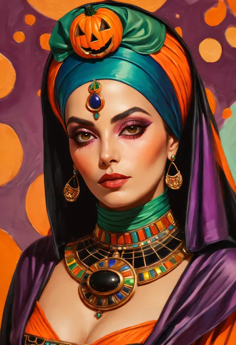 A colorful painting (Woman in Halloween mom costume:1.3), Extreme close-up, Halloween-themed aesthetics, Antiseptic linen, hijabi sluty, Egyptian scarab brooch, Ancient Egypt, Nicolas Samori style