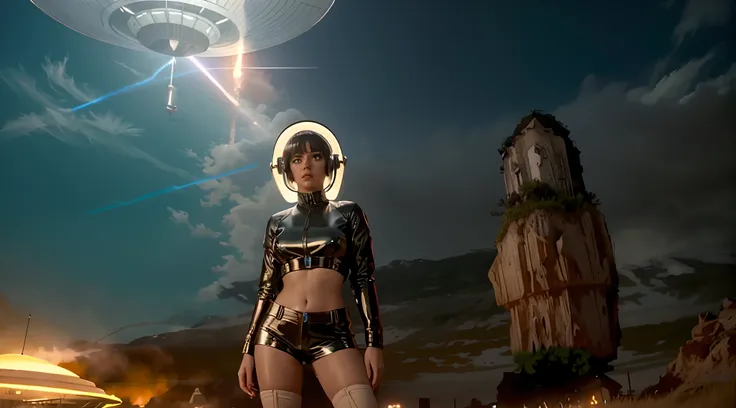 mulher loira, mulher jovem, coxas grossas, usando shorts curtos skintight de latex preto, seios nus, seios grandes, mamilos rosados, pele de porcelana, NSFW, Standing in front of a flying saucer, Flying saucer hovering in the sky in a science fiction movie...