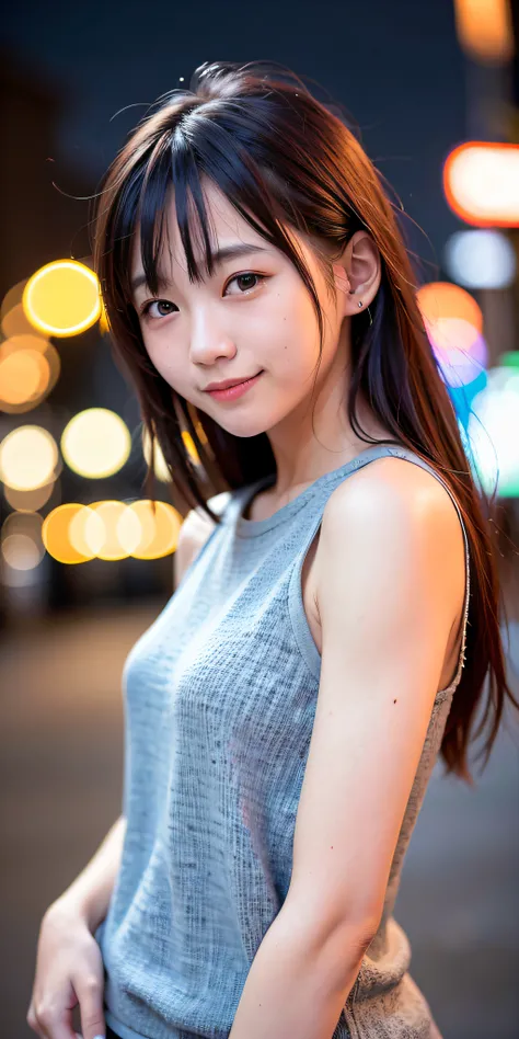 1girl, Tokyo street,night, cityscape,city lights,upper body,close-up,smile,, (8k, RAW photo, best quality, masterpiece:1.2),(realistic, photo-realistic:1.37),