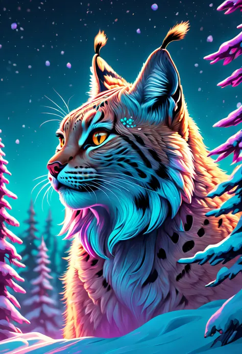 dream illustration, fairytale, oil painting, 8k, HD, a large lynx roaring, background, beautiful snowy forest, floating snowflakes, snow storm, HD, golden, light cyan, light teal, magenta red, light purple, moonrise colors, night time lighting atmosphere (...