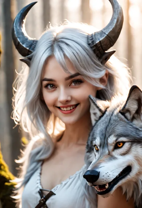 beautiful 8k ultra hd professional photos, sharp focus, in a stunning fantasy world, a cute silver-haired girl，there are real de...