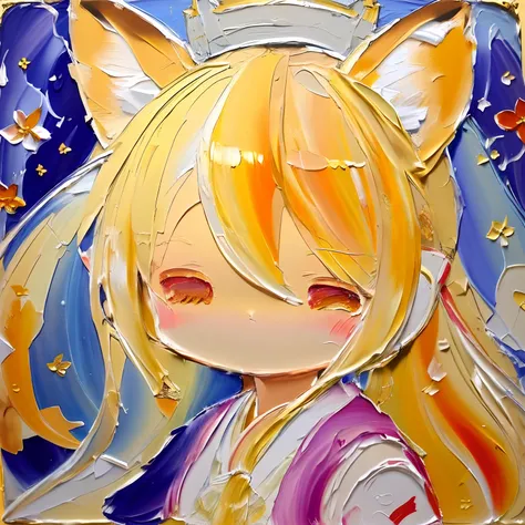 Chibi, Cute oil , Oil Painting (Medium), brushstrokes, 1girl in, Animal ears, Blonde hair, Closed eyes, Ear twitching, Fox ears, Komono, Long hair, shrine maiden, Motion Blur, Solo