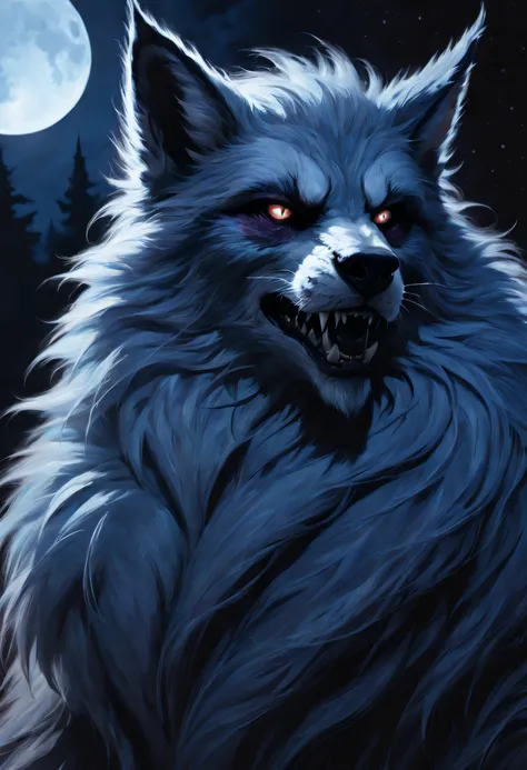 Werewolf color painting, Extreme close-up, long fur, Moonlight, god light, Halloween-themed aesthetics, Nicolas Samori style