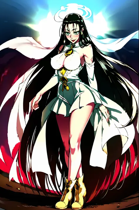 Rip Van Winkle, Hellsing Ultimate,full body, walking, divine aura, sun halo, solar halo, long skirt, porcelain skin, ethereal, graceful movement, flowing black hair, radiant beauty, enchanting gaze, serene expression, soft sunlight, angelic presence, celes...