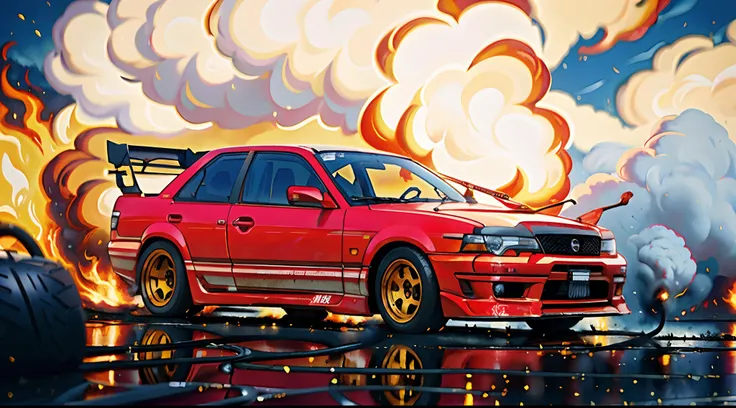 a close up of a car with a fire in the background, car drifting, japanese drift car, smoke behind wheels, smoke coming from tire...