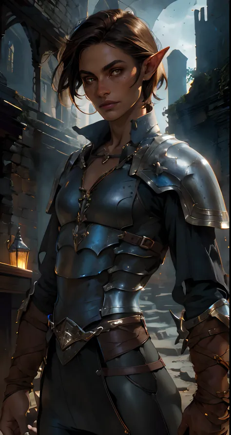 Dark Fantasy, Dark Dungeon, Ruins of the Old Town, Tanned elf with freckles, amber eyes, Short tousled dark hair, little chest, A scar on the cheekbone, Armor dress, black leather pants, high boots, Around her neck is a golden stone, Behind her is a large ...