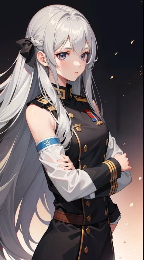 young girl, long gray hair, gray eyes, Generals Uniform, Sleeveless, Masterpiece, hiquality, 4k, HD, Good detail