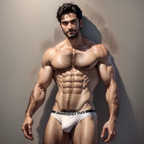 A man of about 35 years old, Light dark black hair, Very short, shaved pubic hair, Brown eyes, Physical constitution unknown, Height 17８, lbeard, Abdominal muscle hair，White swimming briefs, Wash with your hands high，There are small protrusions in the abdo...