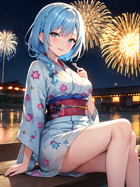 masterpiece:1.2, best quality, ((ultra detailed)), high resolution, 2d, anime style , photo, photography, detailed background, ((medium hair,light blue hair, asymmetrical hair , side braid,medium breasts)) BREAK solo,(droopy eyes:1.3),20 years old, (sexy g...