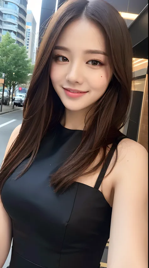 ((Best quality, 8k, Masterpiece :1.3)), 1girl, smiling, full body, slim face, Pretty woman, (Dark brown hair), full length dress :1.1, Ultra-detailed face, Detailed eyes, Double eyelid, blur background, slim face, city, outside, street,