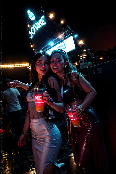 Dos mujeres de pie una al lado de la otra sosteniendo tazas de bebidas, Red lighting on their faces, red neon, Juerguistas, 1614572159, Red and white neon, Noche de festival de verano, Clubes nocturnos y neones, people enjoying the show, en la noche de la ...