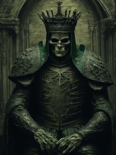 Medieval zombie king in armor and dark green royal clothing, intricate details, gothic style, art by HR Giger and Zdzisław Beksiński, trending on DeviantArt.