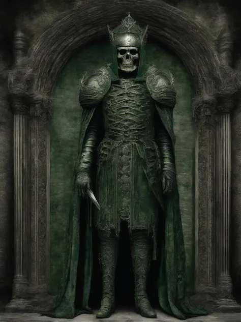 Medieval zombie king in armor and dark green royal clothing, intricate details, gothic style, art by HR Giger and Zdzisław Beksiński, trending on DeviantArt.