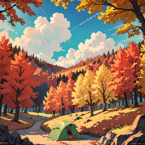 autumn forest with colorful trees, morning, sky with full clouds, camping, vibe, (обои unified 8k), hd quality, detailed.