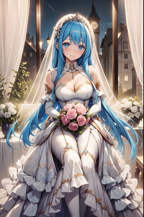 ,Ultra-detailed,Beautiful girl,Enchanted,Enchanting,cheerfulness,divino,Magical effect,Light blue silver hair,Pale pink wedding dress,The brides crown,Sophisticated attire,detailed lace,Bedroom,solo person,the night,lacepantyhose,Sacred stripes,transparent...