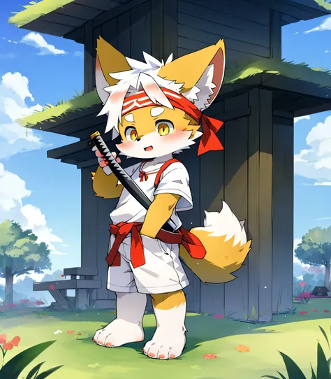 Species: Fox，The little fox，Fox Boy，Fox little boy，Colorful fur，Sharp ears，Colorful fur，Colorful skin，Beast too，Orc little boy，grassy fields，lawns，standing on your feet，Attention，blue-sky，shaggy，shaggy，Colorful fur，Colorful fur，Colorful fur，Colorful fur，ma...