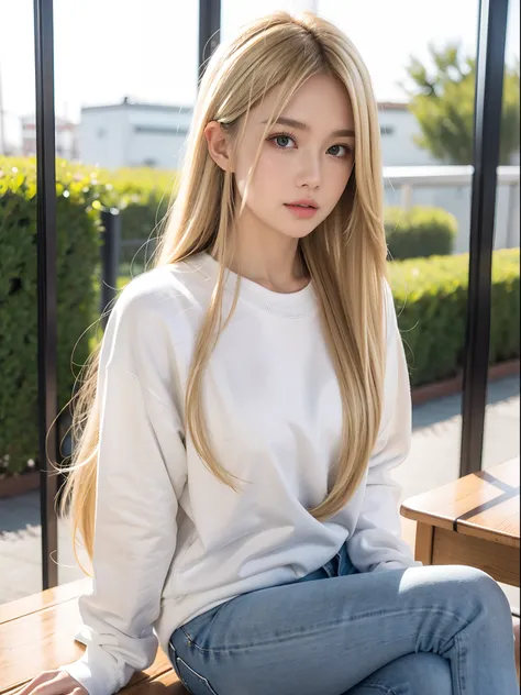 Blonde smooth long hair，schoolgirls，White sweatshirt，skintight jeans