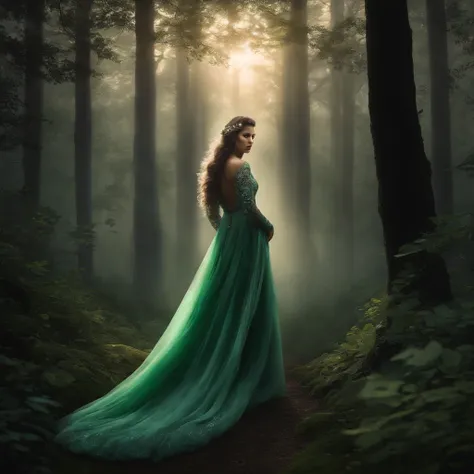 A girl in a moonlit forest, (best quality,highres), with dense trees and a misty fog. The forest is filled with moonlight, casting shadows and creating an eerie, mystical atmosphere. The girl is wearing a flowing, ethereal dress that glows under the moonli...