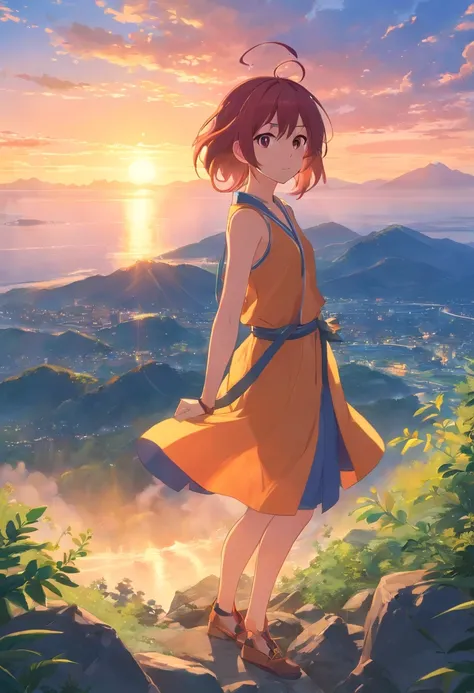 masutepiece, Best Quality, Sunset, skyporn, Hilltop, steam, game_nffsw, scienc_fiction, Kaiju, orcs, Double_Bun, Shiny hair, multicolored hair, Slit pupils ,