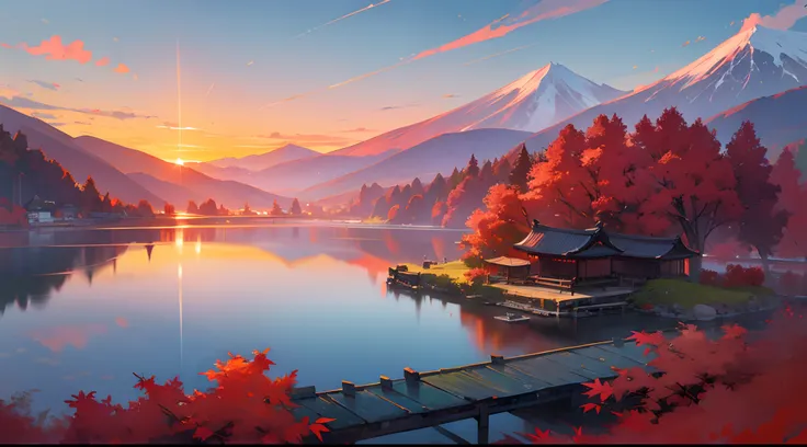 masterpiece, landscape, beautiful, mountains, Japanese,  fantasy, digital art, shrine, lake, sunset, warm, ultra-detailed, red leaves