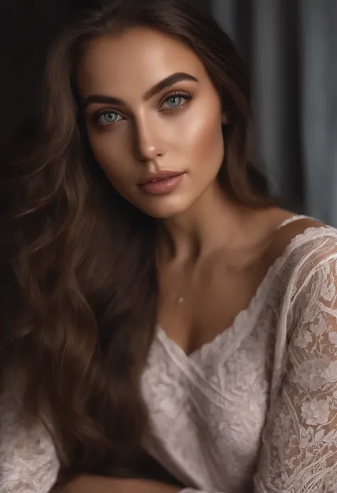 Arafed woman in full , Sexy girl with brown eyes, ultra realistis, Meticulous detail, portrait sophie mudd, brown hair and large eyes, selfie of a young woman, bedroom eyes, violet myers, no makeup, natural makeup, looking straight at camera, face with art...