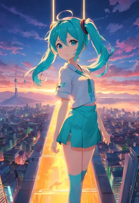 miku hatsune　animesque　charicature　masutepiece, Best Quality, Sunset, skyporn, Hilltop, steam, game_nffsw, scienc_fiction, Kaiju, orcs, Double_Bun, Shiny hair, multicolored hair, Slit pupils ,