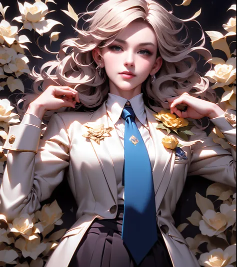 anime - style image of a woman in a white suit and blue tie, by yang j, delicate androgynous princecess, beautiful androgynous p...