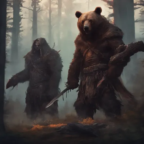 berserkers wearing bear skins in a forest. Mysterious and mystical atmosphere.