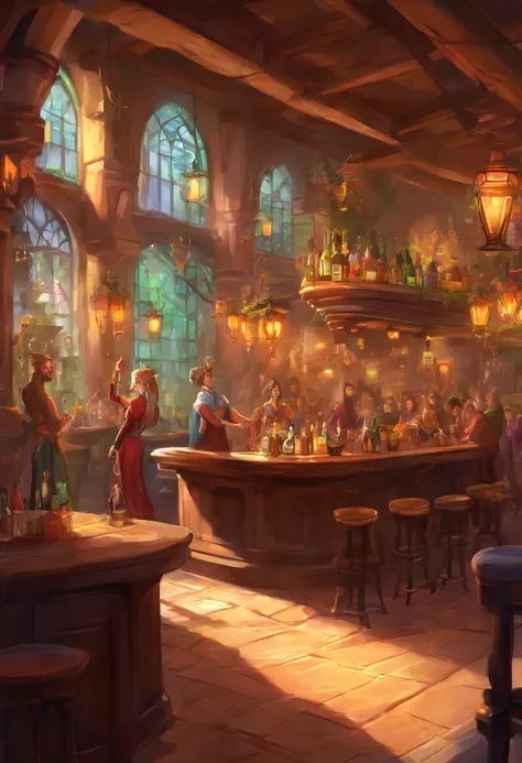 ((bar, tavern, Warm lighting, desks, fantasy tavern)), ((The dragon girl(long neck, choker, sweater) behind the bar serves customers)), many people in the back of the hall, big hall, celebrate,